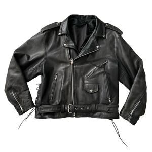Echtes Leder VTG‎ Biker Moto Belted Lined Distressed Black Leather Jacket 52 XL